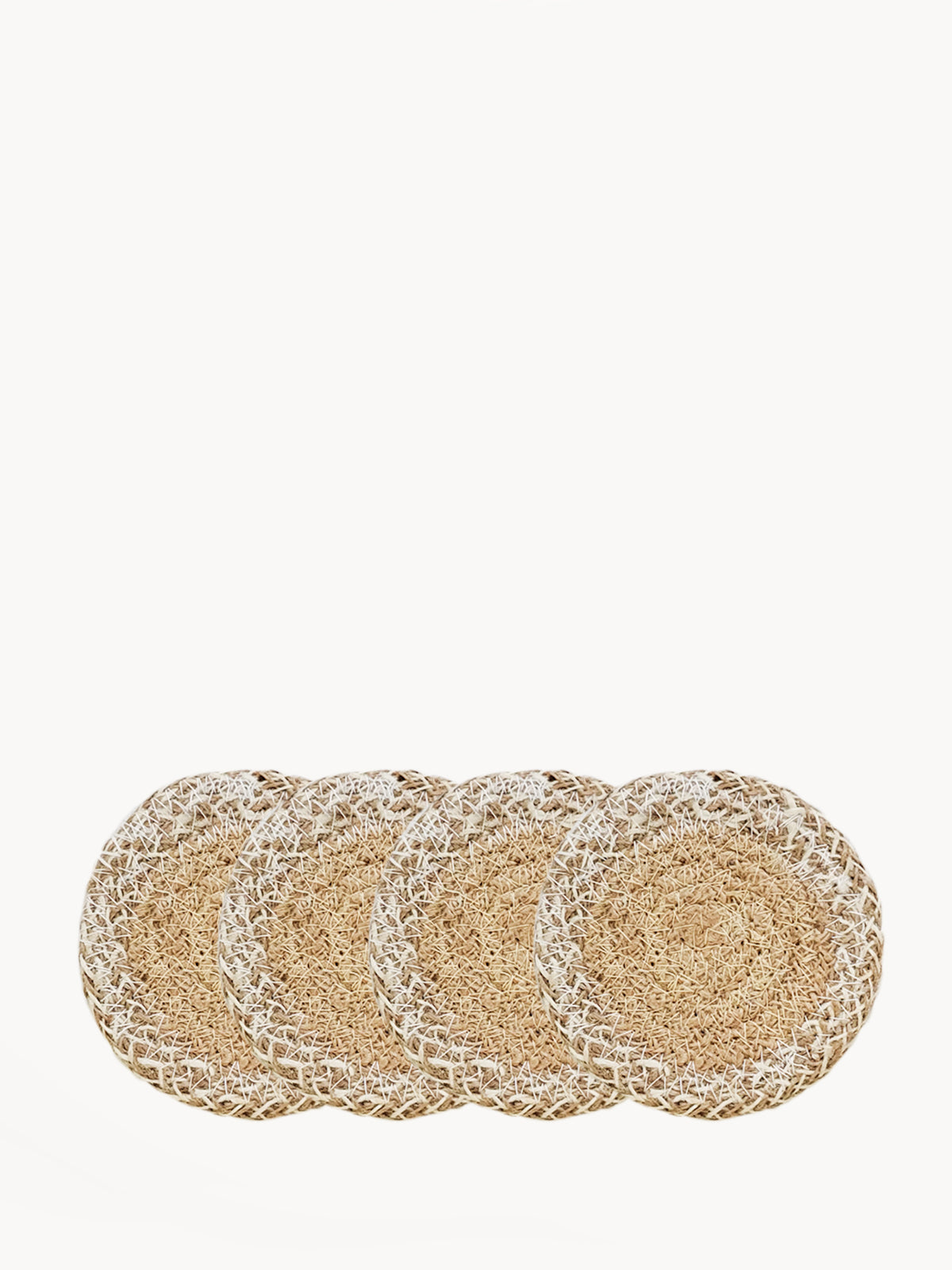 Approximately 4” round. sustainably handmade. braided jute. round drink coasters.  natural with white.