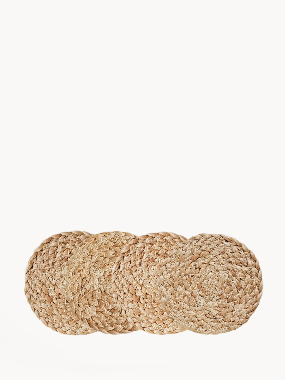  Approximately 4” round. sustainably handmade. braided jute. drink coasters. 