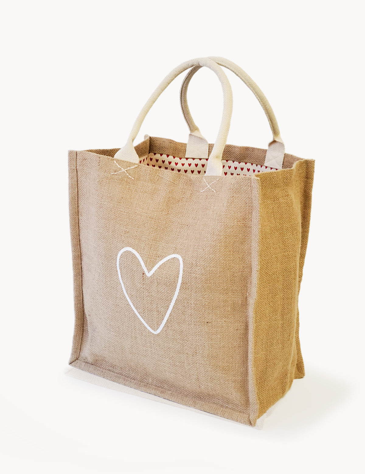 handmade tote bag. market tote. heart print. jute canvas material. 16” tall x 15” wide x 9" deep.  