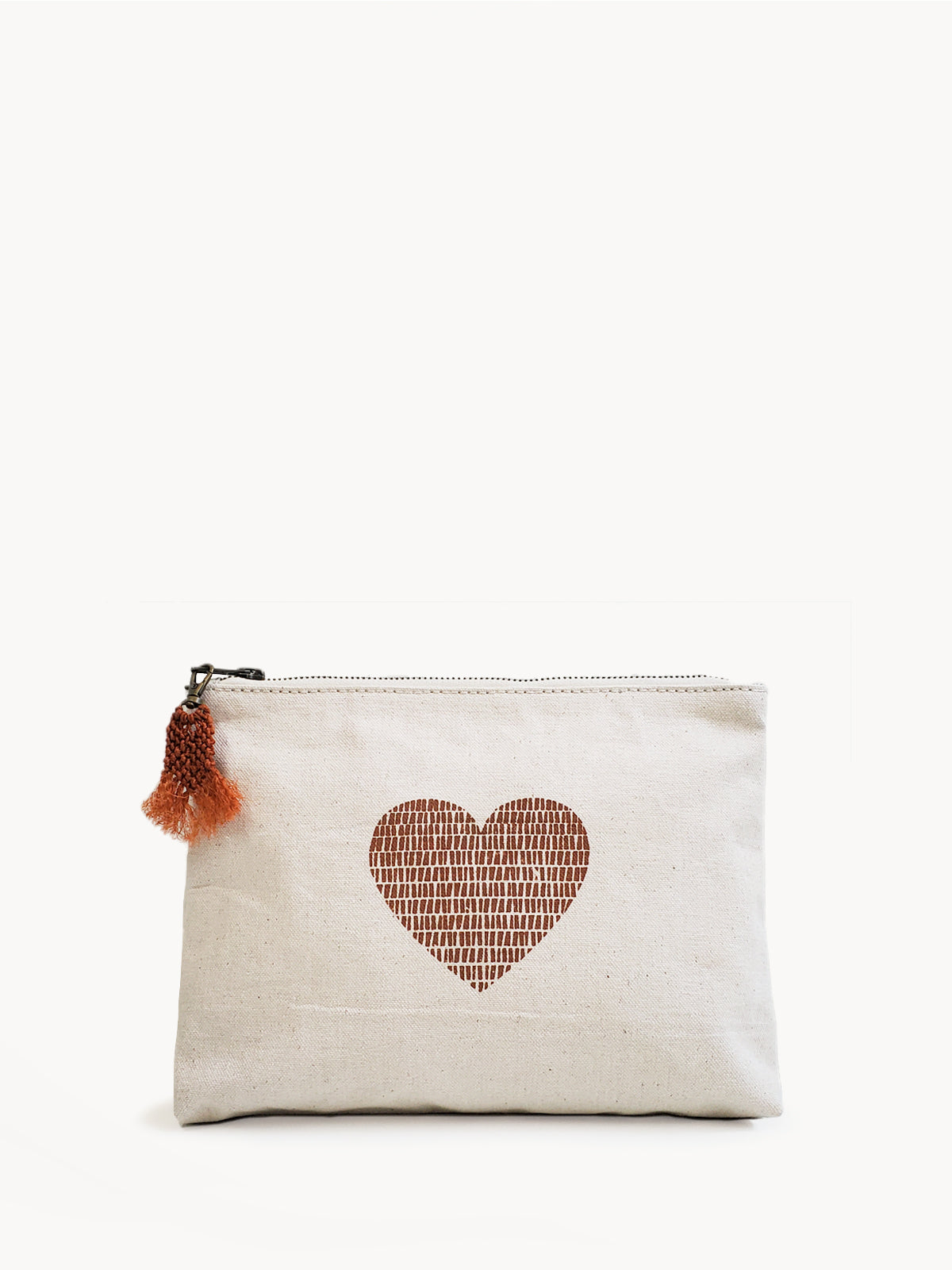 screen-printed pouch. makeup bag. screen printed heart. sustainably handmade by Fair Trade artisans in Bangladesh.