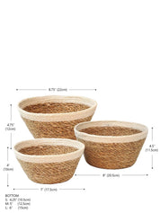 Savar Plant Bowl set. set of 3. made of seagrass leaves with natural jute accent at top.