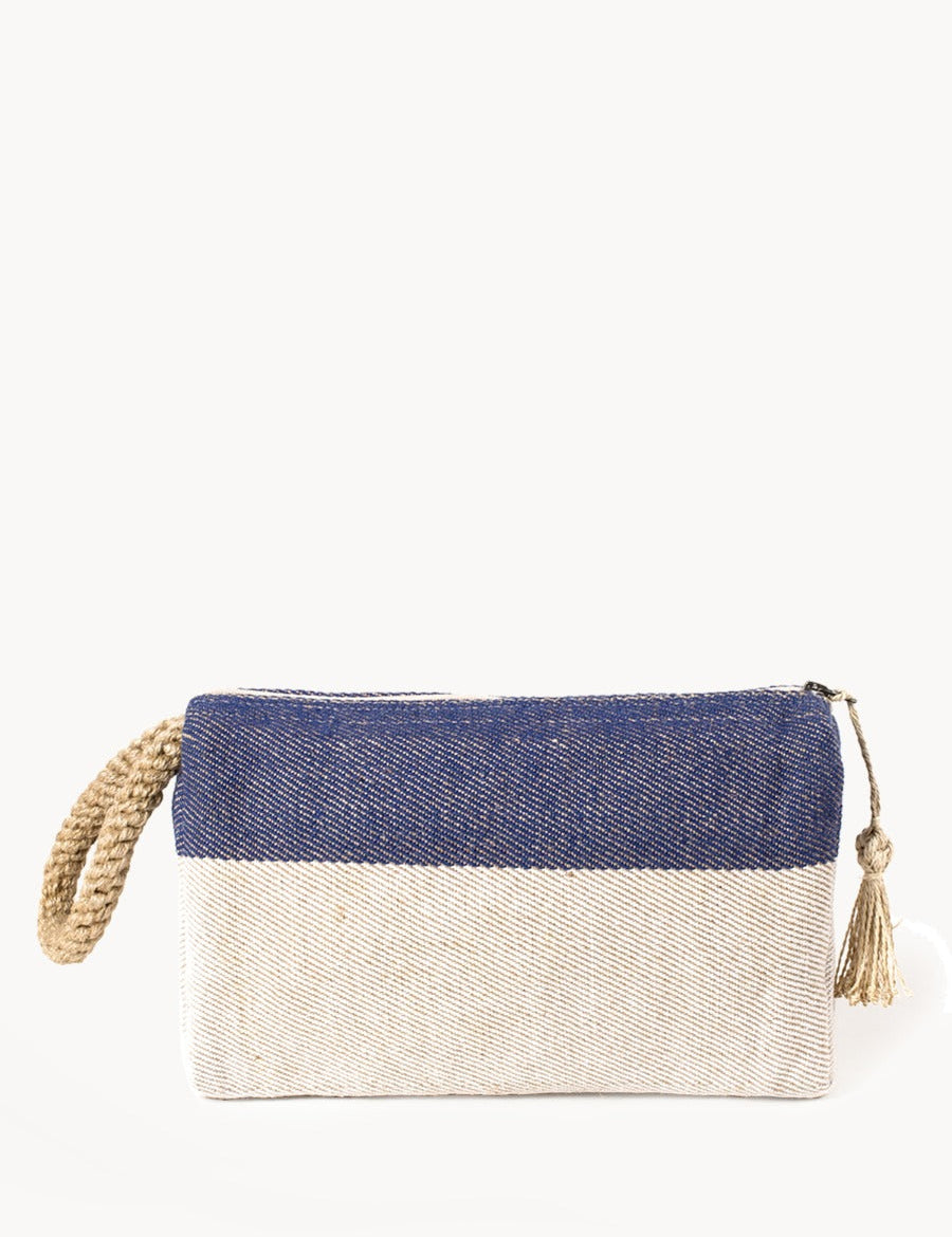  blue and white color block makeup bag. 100% Handwoven Jute-Cotton Fabric. small clutch. Approximately 8”tall x 13”wide x 2.25”deep. 100% Handwoven Jute-Cotton Fabric. sustainably handmade.