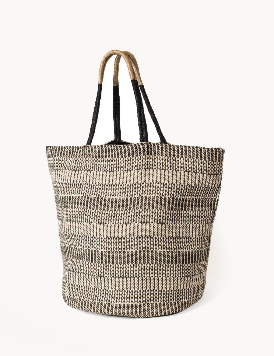 Approximately 15.5”tall x 13.5”round(bottom). Colors Black, Off-White. 100% Handwoven Jute-Cotton Fabric. sustainably handmade reusable market tote.