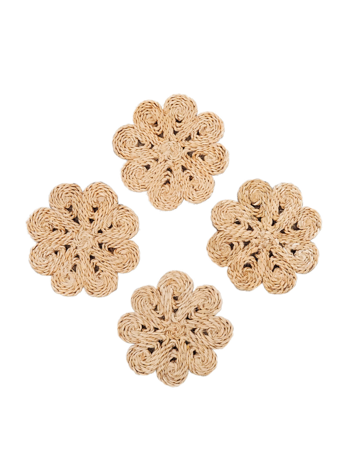 Approximately 4” round. sustainably handmade. braided jute. drink coasters. flower shaped drink coaster. 