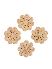 Approximately 4” round. sustainably handmade. braided jute. drink coasters. flower shaped drink coaster. 