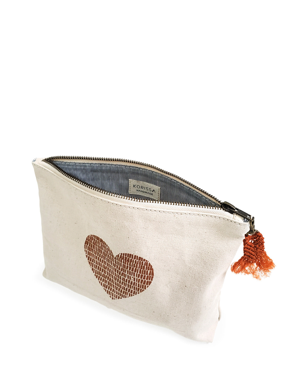 screen-printed pouch. makeup bag. screen printed heart. sustainably handmade by Fair Trade artisans in Bangladesh.