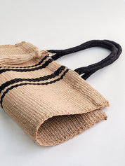 16”tall x 16"wide / Handle drop 7". sustainably handmade.  100% Handwoven Jute Fabric. Color- Black and Natural. Jute tote bag. 