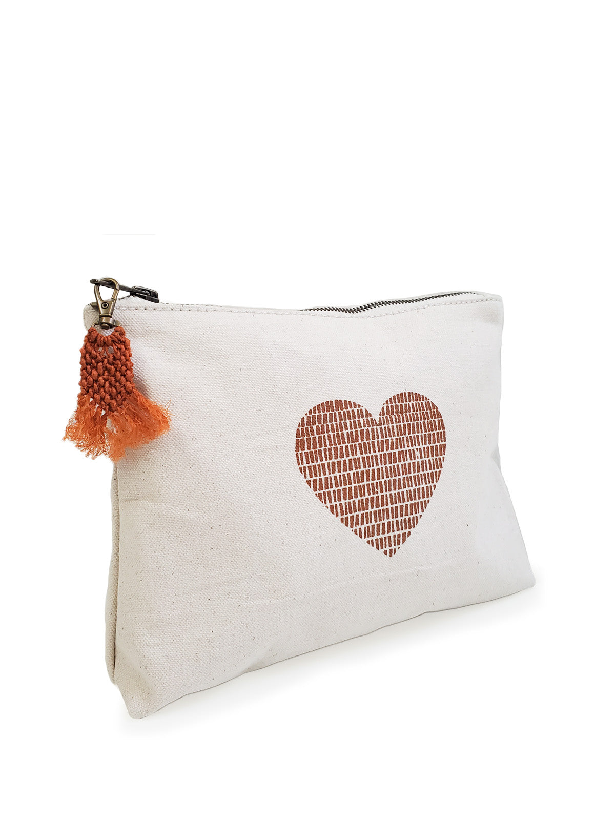 screen-printed pouch. makeup bag. screen printed heart. sustainably handmade by Fair Trade artisans in Bangladesh.