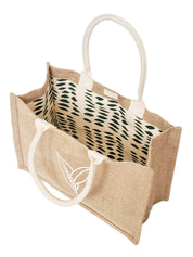 Handmade Jute Market Bag. Reusable. Leaf Patter Print. Approximately 11” tall x 15.5” wide x 7.5" deep. Canvas lining with cotton. Colors Natural, White, Green. 