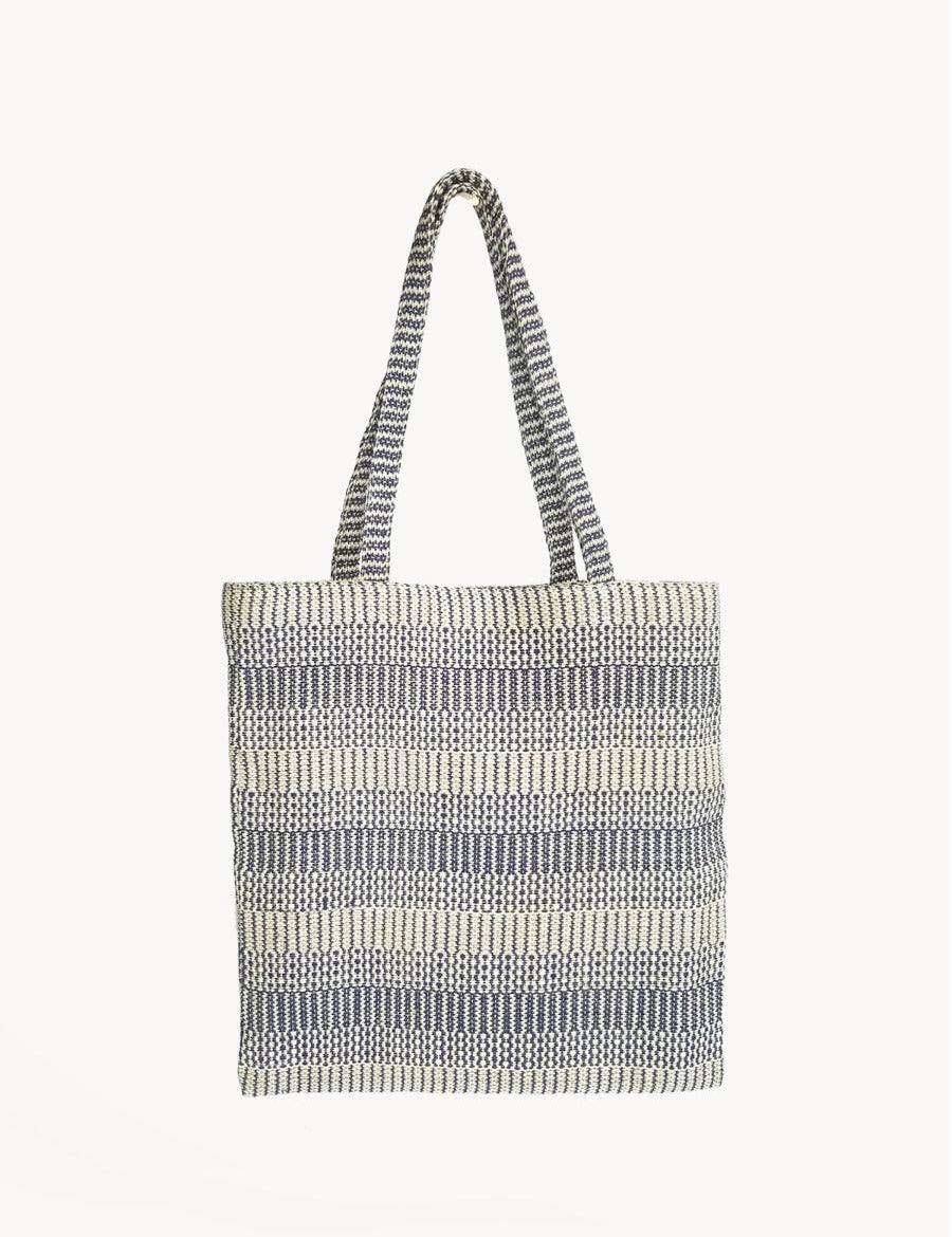  approximately 15.75”tall x 15.75"wide. 100% Handwoven Jute-Cotton Fabric. colors Blue, Off-White. sustainably handmade reusable market tote.