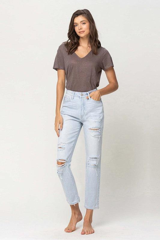 Super High Rise Distressed Cropped Straight Denim - Sunday Golden