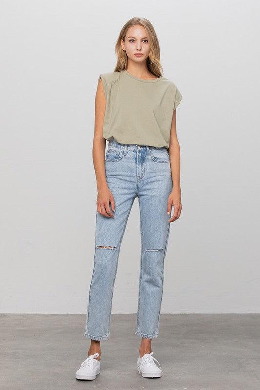 High Waist Ripped Tapered Jeans - Sunday Golden