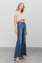 Button Fly Fray Hem Flare Jeans - Sunday Golden