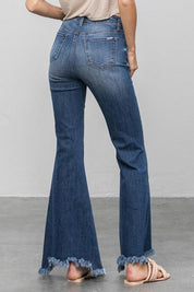 Button Fly Fray Hem Flare Jeans - Sunday Golden