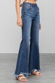 Button Fly Fray Hem Flare Jeans - Sunday Golden