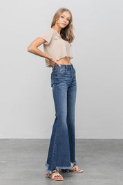 Button Fly Fray Hem Flare Jeans - Sunday Golden