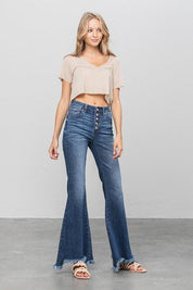 Button Fly Fray Hem Flare Jeans - Sunday Golden