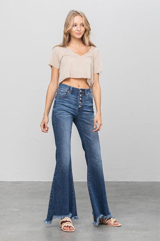 Button Fly Fray Hem Flare Jeans - Sunday Golden