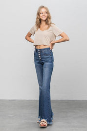 Button Fly Fray Hem Flare Jeans - Sunday Golden
