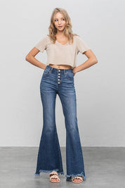 Button Fly Fray Hem Flare Jeans - Sunday Golden
