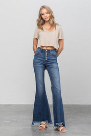 Button Fly Fray Hem Flare Jeans - Sunday Golden