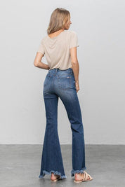 Button Fly Fray Hem Flare Jeans - Sunday Golden