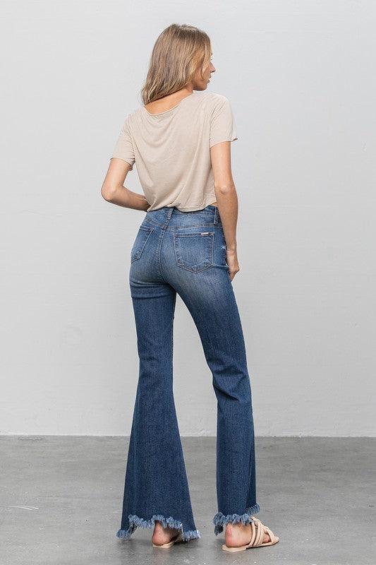Button Fly Fray Hem Flare Jeans - Sunday Golden