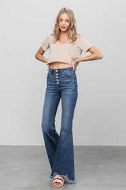 Button Fly Fray Hem Flare Jeans - Sunday Golden