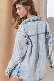 The Taylor Sparkle Stone Stripe Denim Jacket. Light Wash  Denim. 