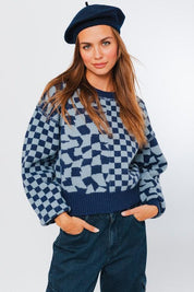 Long Sleeve Checkerboard Sweater - Sunday Golden