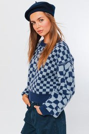 Long Sleeve Checkerboard Sweater - Sunday Golden