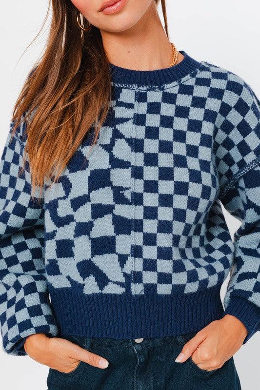 Long Sleeve Checkerboard Sweater - Sunday Golden