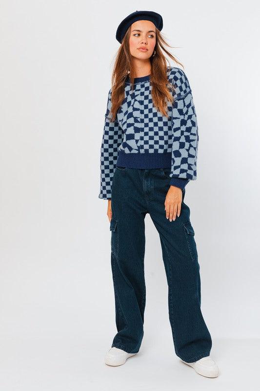 Long Sleeve Checkerboard Sweater - Sunday Golden