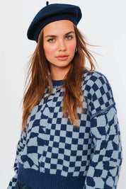 Long Sleeve Checkerboard Sweater - Sunday Golden