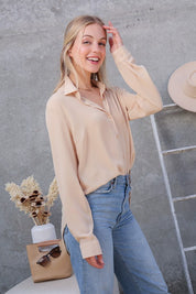 Allisa Oversized Long Sleeve Button Down Chiffon Blouse. Natural tan Button Down Blouse.