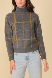 Classic Plaid Turtle Neck Knit Sweater. Grey with gold plaid sweater.
