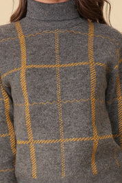 Classic Plaid Turtle Neck Knit Sweater. Grey with gold plaid sweater.