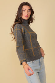Classic Plaid Turtle Neck Knit Sweater. Grey with gold plaid sweater.