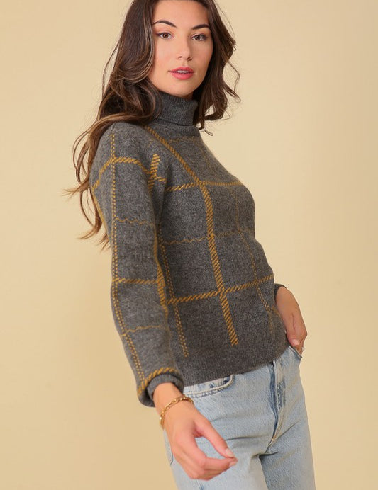 Classic Plaid Turtle Neck Knit Sweater. Grey with gold plaid sweater.