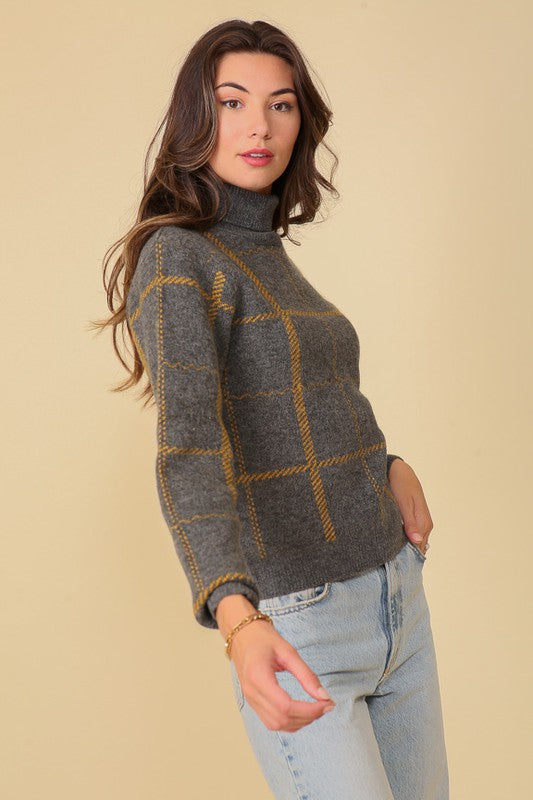 Classic Plaid Turtle Neck Knit Sweater. Grey with gold plaid sweater.