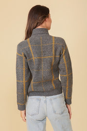 Classic Plaid Turtle Neck Knit Sweater. Grey with gold plaid sweater.