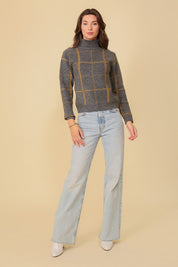 Classic Plaid Turtle Neck Knit Sweater. Grey with gold plaid sweater.