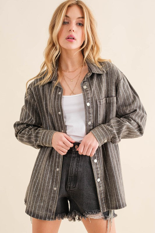 The Taylor Sparkle Stone Stripe Denim Jacket. Charcoal  Denim. 