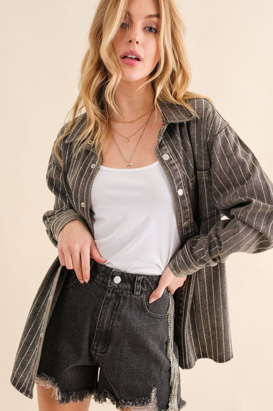 The Taylor Sparkle Stone Stripe Denim Jacket. Charcoal  Denim. 