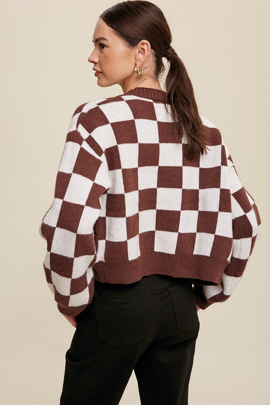 Bold Checkered Gingham Sweater Weaved Crop Cardigan | 3 Colors