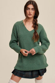Slouchy V-neck Ribbed Knit Sweater - Sunday Golden