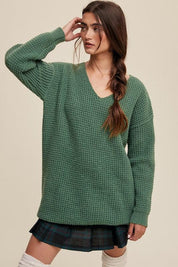 Slouchy V-neck Ribbed Knit Sweater - Sunday Golden