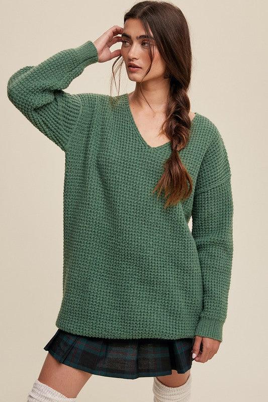 Slouchy V-neck Ribbed Knit Sweater - Sunday Golden