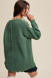 Slouchy V-neck Ribbed Knit Sweater - Sunday Golden