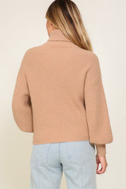 Rib Knitted Turtleneck Sweater with Bishop Sleeve. Khaki Color Knit Sweater. 